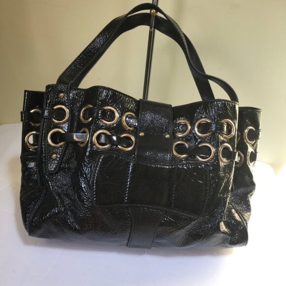 Jimmy Choo Ramona Leather Patent Shoulder Bag Tote Satchel Logo Pockets Black Lg - Picture 3 of 15